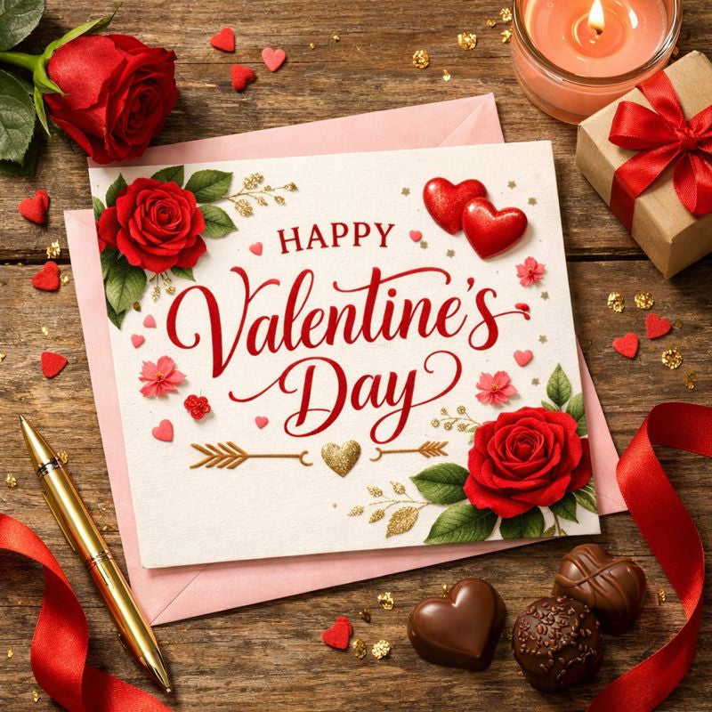 Valentine's Day card with red roses, chocolates, and a candle on a wooden surface.