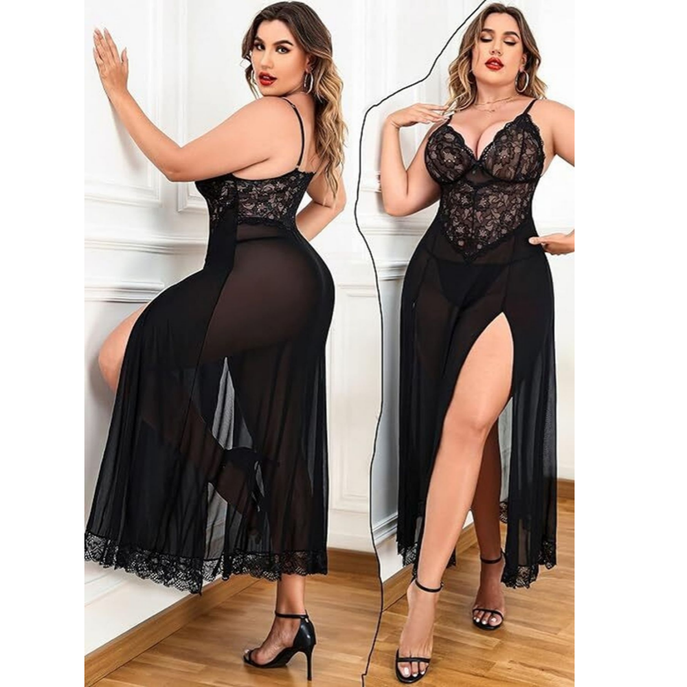 Velence Luxury Black  Lace Long Night Dress with Side Slit - Velence India