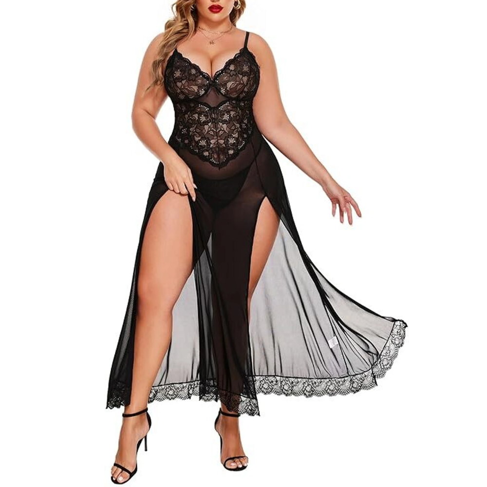 Velence Luxury Black  Lace Long Night Dress with Side Slit - Velence India
